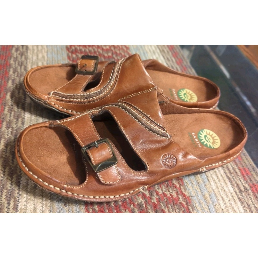 Earth Spirit Sandals Womens Size 7.5 Congnac Brown Leather Slide Buckle Shoes
